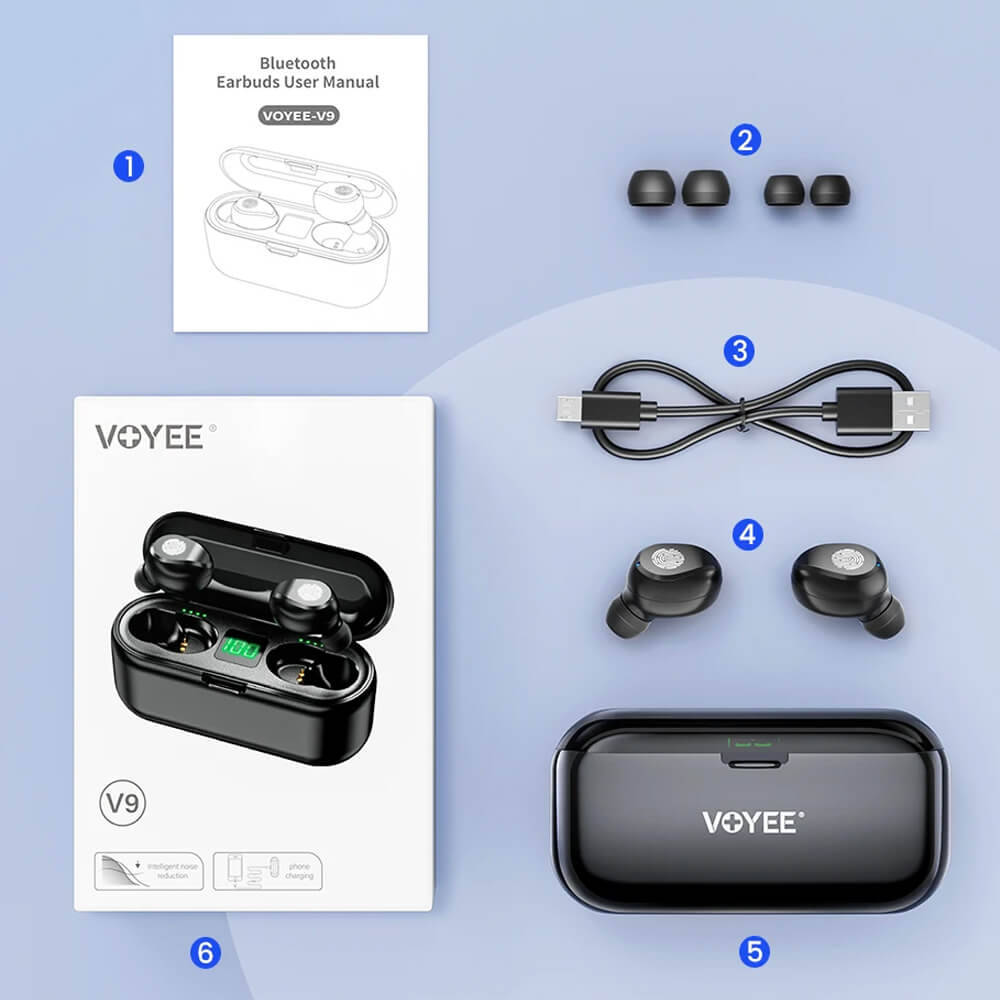 VOYEE V9 tws earbuds bluetooth wireless black whats in the box
